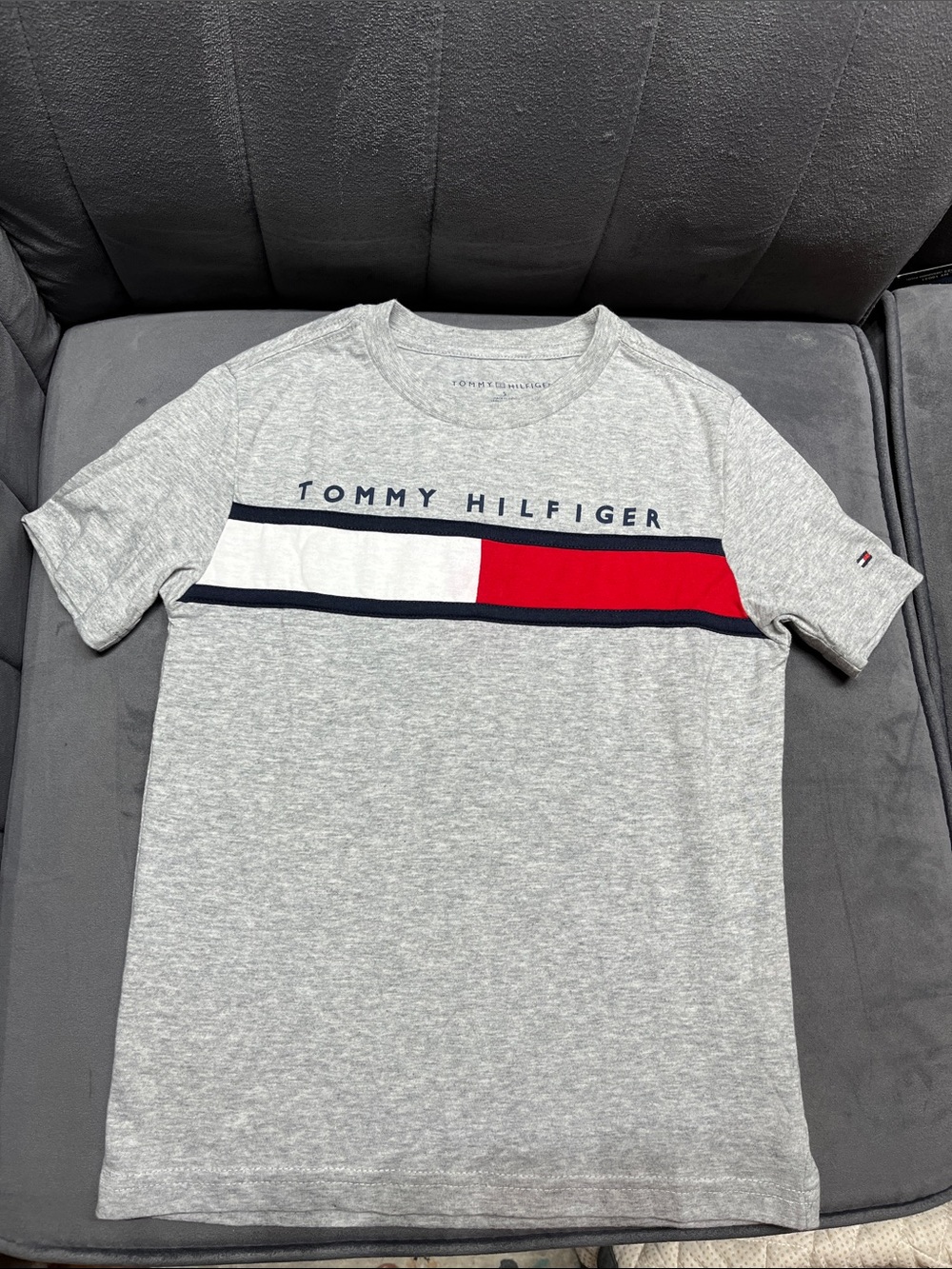 Tommy Hilfiger Light Gray Tee with Red, White & Navy Block